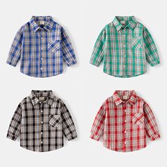 Spring travel outdoor boys plaid shirt casual lapel cotton long-sleeved shirt Korean style trendy children's shirt