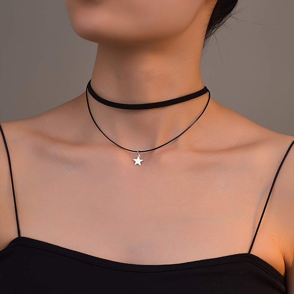 欧美哥特风黑色绒布双层叠戴星星吊坠choker女士锁骨链项链