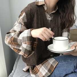 复古chic卡其色格子衬衫外套女秋冬款韩系慵懒风长袖衬衣外穿