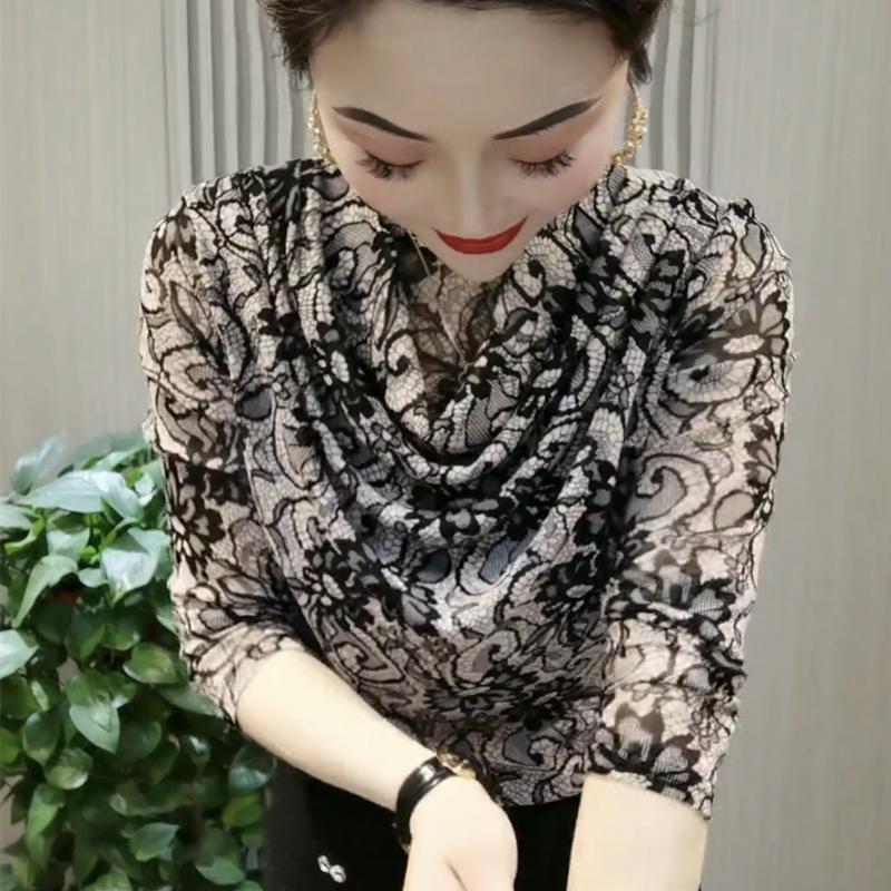 秋季新款网纱长袖T恤女宽松显瘦百搭外穿小衫妈妈装遮肉褶皱上衣