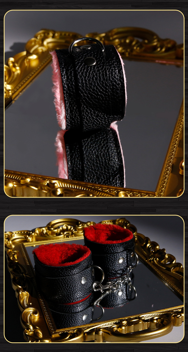 Plush Bondage Handcuffs with Metal Chain, Faux Leather Cuffs for Couples — detail image 34