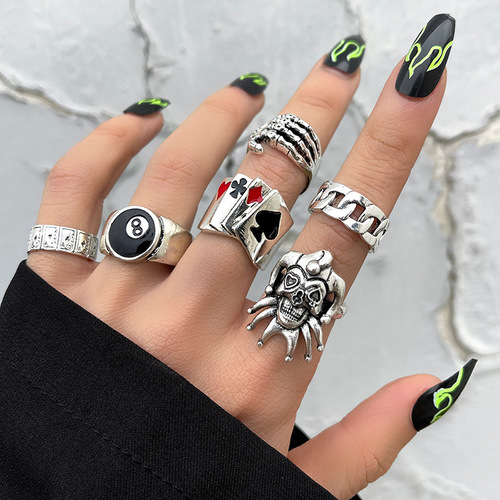 New personalized retro punk skull ghost claw poker clown number 8 round ring men's ring