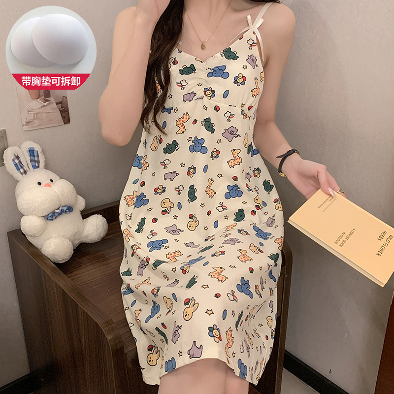 2024 verano con cojín de pecho espuma vestido de dormir mujer dulce vestido de suspensión estudiantes lindos dibujos animados ropa de casa de mujer al por mayor