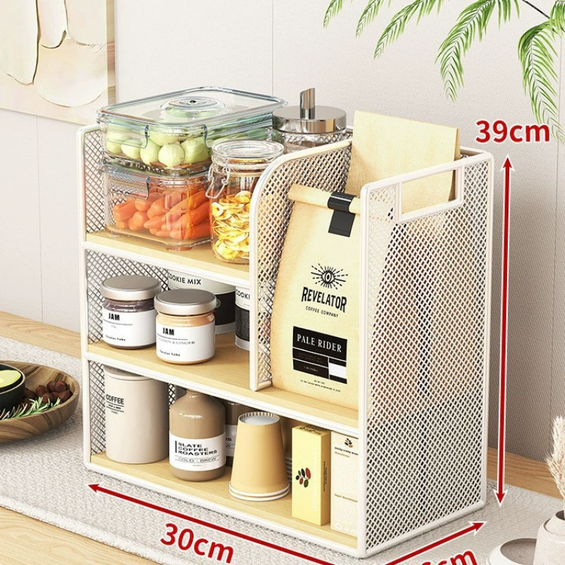 Desktop Storage Rack, Multi-Layer Mesh Frame with Oak/Teak Shelves, 2–5 Tier Options
