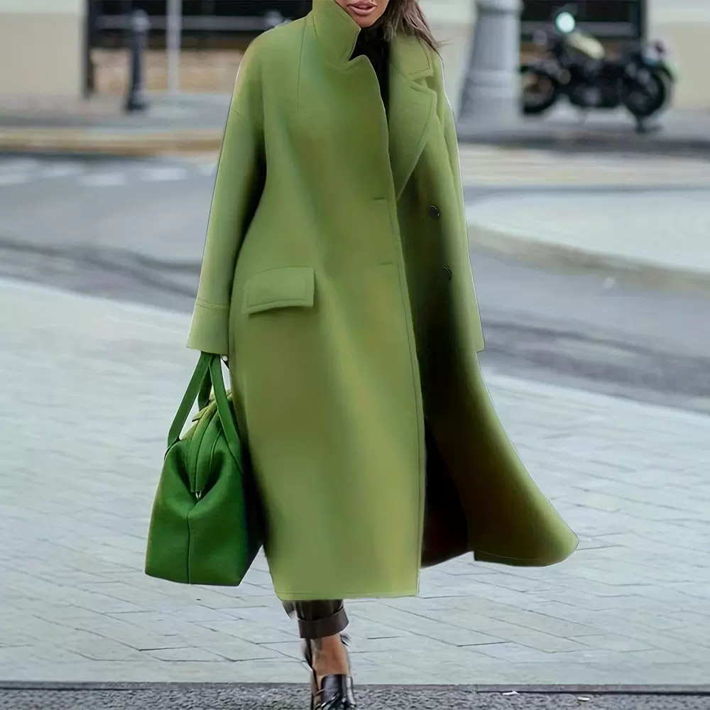 亚马逊temu2025秋冬新款 大码女式加长纯色长袖翻领大衣带口袋