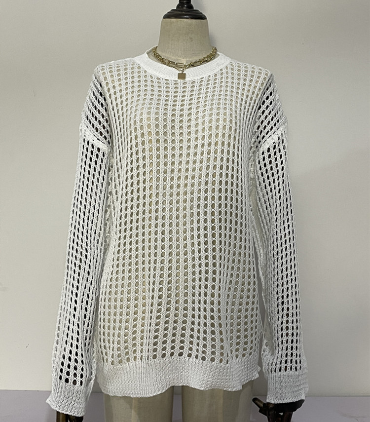 Blusa de Punto Calada para Mujer en Acrílico, UPF50+, Corte Holgado, Manga Larga, para Playa image 7