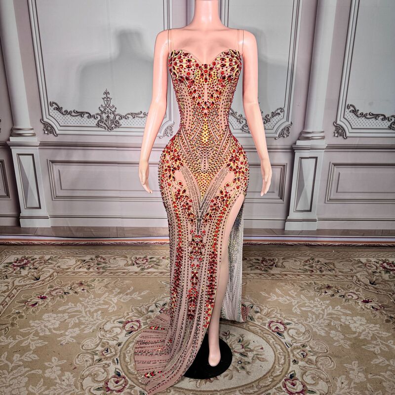 Luxurious Rhinestone Strapless High-Slit Trailing Gown Birthday Party Banquet Elegant Evening Dress Singer Performance Outfit