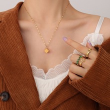 日韩新款ins立体方块吊坠项链钛钢镀18K真金小红书网红锁骨链P697