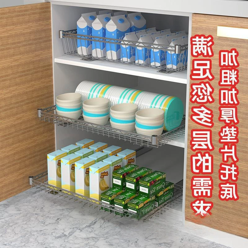 Kitchen pull-out basket rack for cabinets, DIY storage solution with sliding rails, adjustable lengths