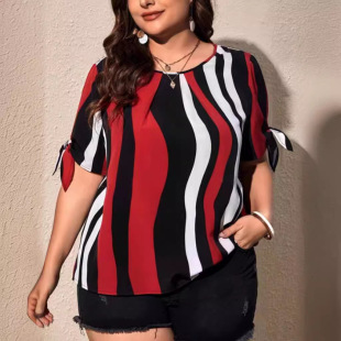 European and American Export Plus Size Women's Cross-border Independent Station Hot Selling New Stripesd Printed Knotted Cuffs Quarter Sleeve Top