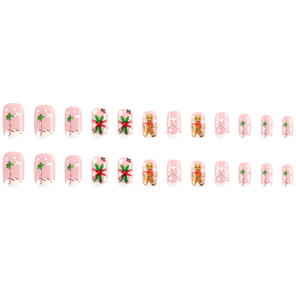 Nuevos productos transfronterizos Navidad en relieve de uñas, pan de jengibre, hombre de hoja de hiverno, estilo francés, 24 piezas de parches de uñas terminados.