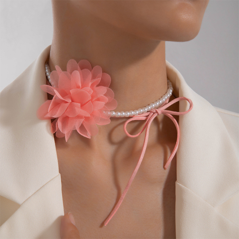 Collar de perlas de moda transfronteriza europea y americana collar de encaje blanco mariposa collar geométrico tela flor clavícula cadena