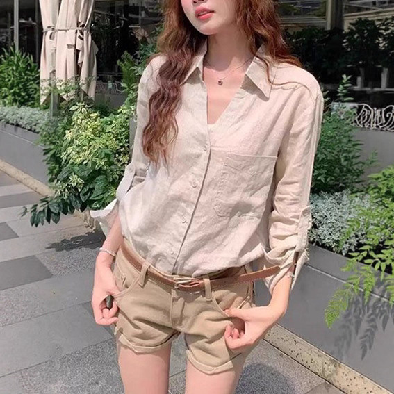 Original Hemp-Colored Linen Old Money Style Shirt for Women, Autumn and Summer Thin Relaxed Design V-Neck Cotton-Linen Sun-Protective Top