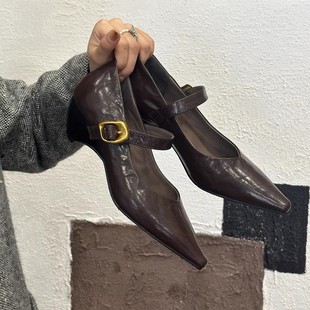 (in Stock) French Style Genuine Leather Pointed Toe Ankle Strap Elegant Wedge Heels Vintage Genuine Leather High Heels Chunky Heel Mary Janes