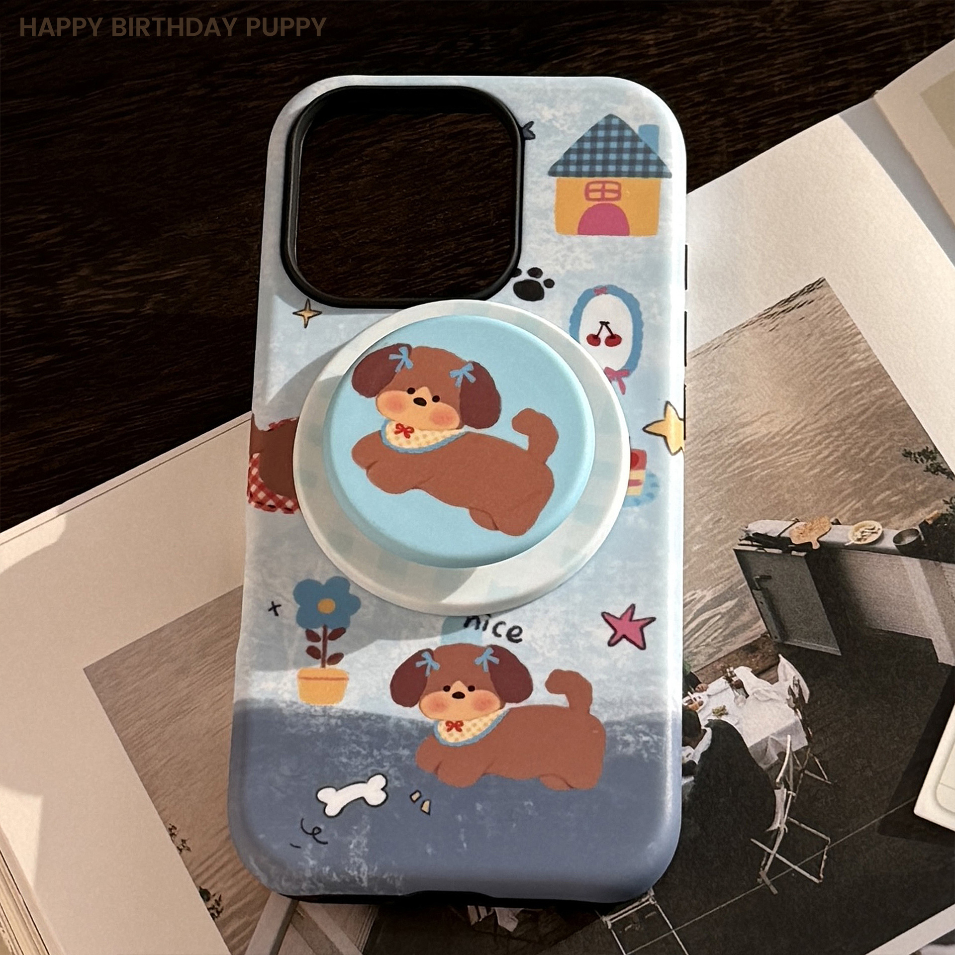 Cover telefono magnetica con supporto cucciolo iphone blu_voghion.com
