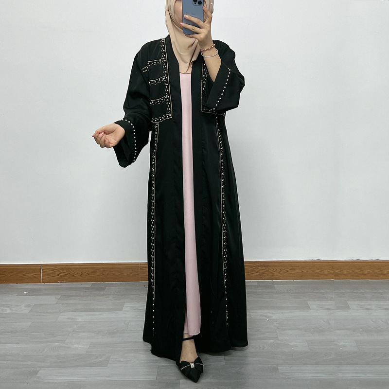 F332 Cross-Border Foreign Trade Women's Long Dress Middle East Dubai Embroidered Lace Pearl Beaded Cardigan Robe In_ecoleips.com