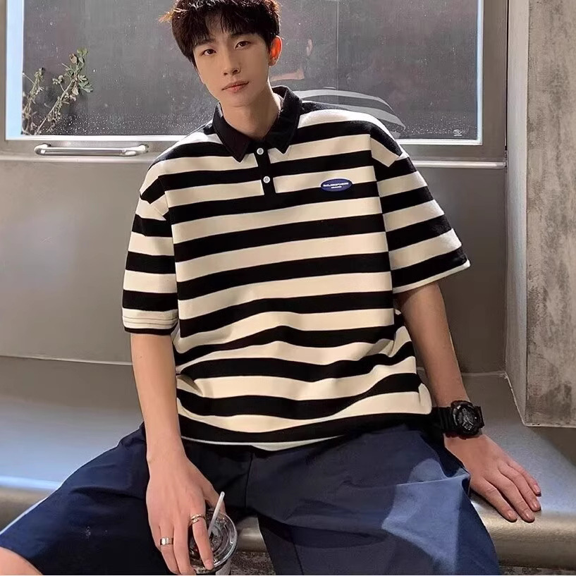 Striped Short-sleeved Polo Shirt Men's 2025 Summer New Hong Kong Style Fashionable Brand Loose Casual All-match Half-sleeved Top for Men