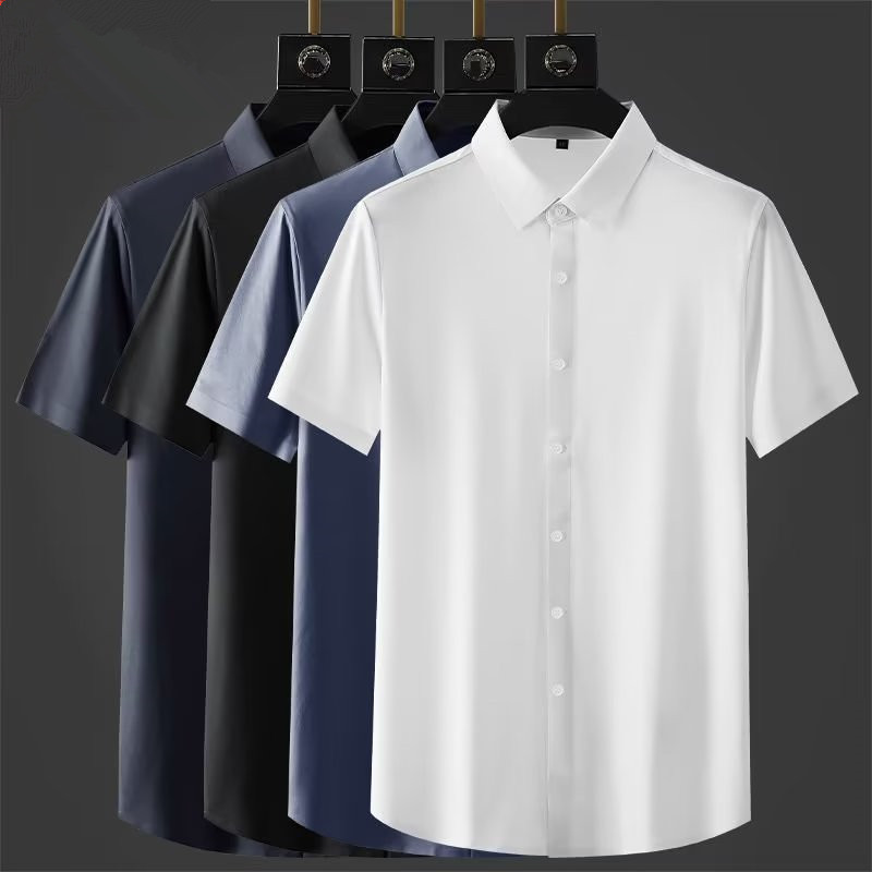 Camisa de manga corta de seda fina de verano, camisa elástica para hombre que no necesita planchado, sensación de alta gama para recién casados, camisa profesional de negocios para hombre.
