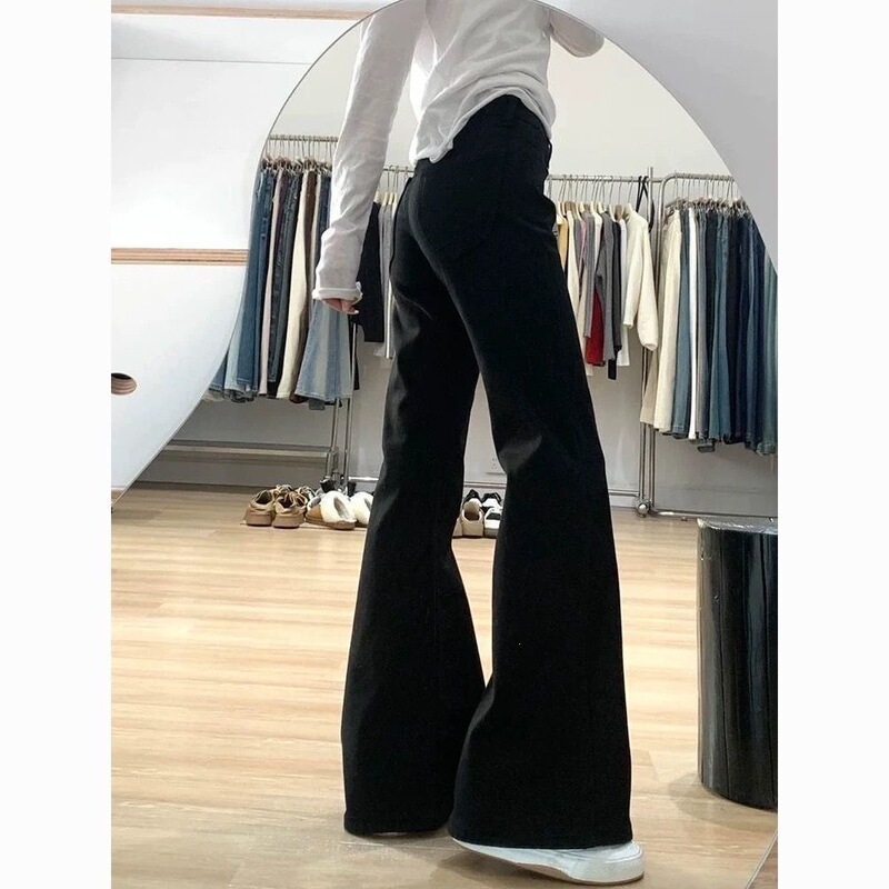 American-Style Black Non-Tight Flared Jeans for Women, New Spring/Summer High-Waisted Slimming Wide-Leg Floor-Length Pants for Petite Figures
