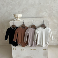 Korean Spring-Season Ruffle-Edged Knitted Ribbed Baby Jumpsuit for Girls — Romper-Style Bodysuit with Diaper Cover, Girl's Triangular Crawling Outfit