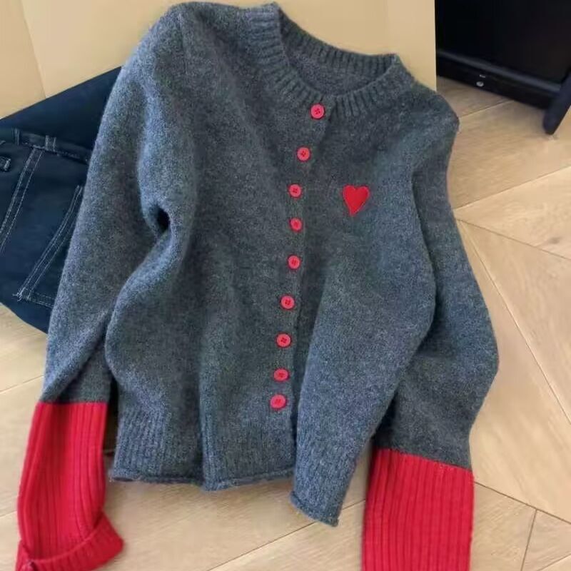 New Product, Super Nice-Looking, Contrasting Color Knitted Cardigan Jacket for Women, Autumn and Winter Inner Top, Soft and Waxy Gray Sweater, Versatile