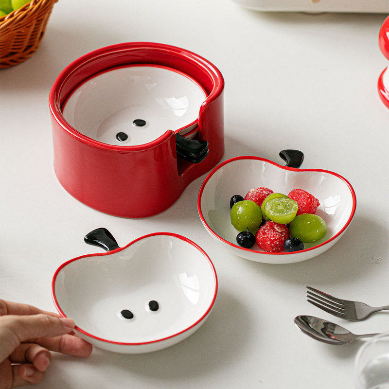 Apple Bone Spit Dish Set, Cute Household Ceramic Seasoning Dish, Dessert Plate, High-Looking Small Dish, Snack Dish, Creative