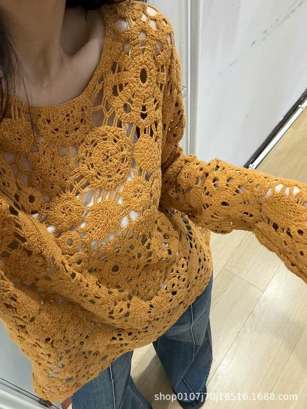 法式慵懒风黄色镂空针织衫女钩花设计长袖上衣高级感蕾丝外穿上衣|undefined