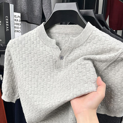 純綿夏メンズニット半袖新若者無地ボタントレンディなファッション tシャツメンズ 2025 半袖