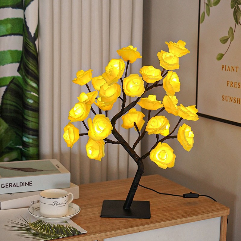 24 lámparas de fondo negro amarillo flor árbol lámpara con interruptor USB