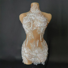 跨境欧美女歌手舞台演出服珍珠抹胸挂脖亮片连衣裙晚礼服演出服