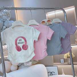 跨境外贸女童洋气夏季打底上衣新款时髦韩版女童儿童耳机短袖T恤