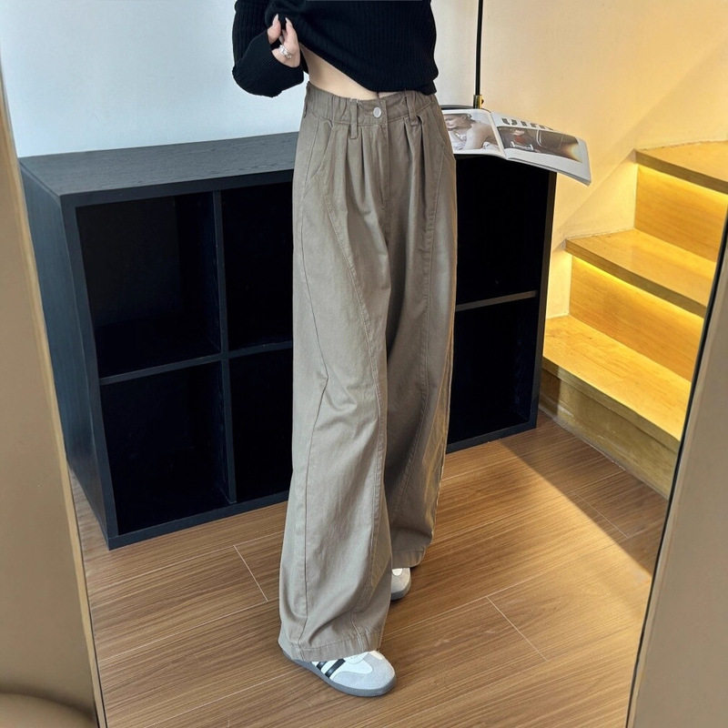复古卡其色阔腿休闲裤女2025春秋季松紧腰宽松弯刀裤美式山本裤子|undefined
