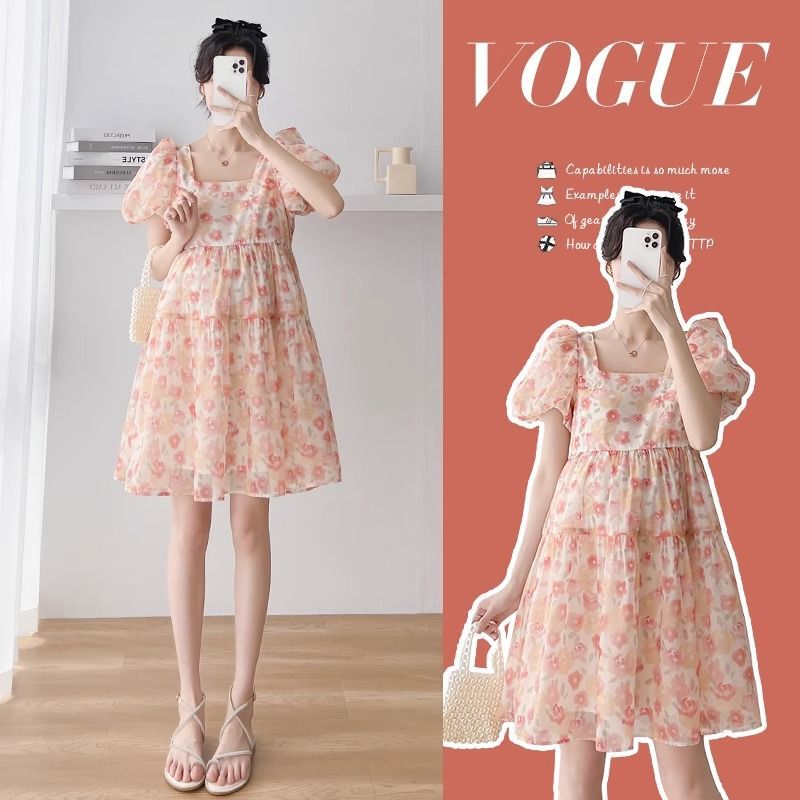 Maternity dress summer 2023 new fashion Korean style fashionable mom outer wear puff sleeve sweet floral princess dress women