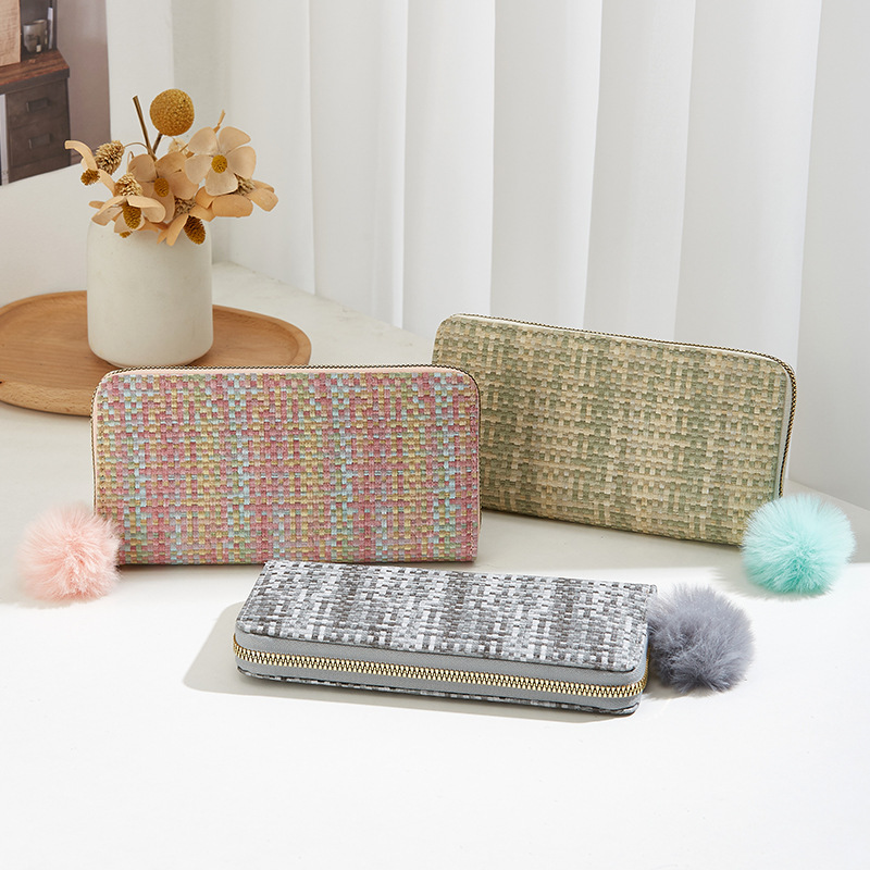 单拉链多功能幻彩长款女士手拿包2024新潮款时尚格纹编织钱包批发