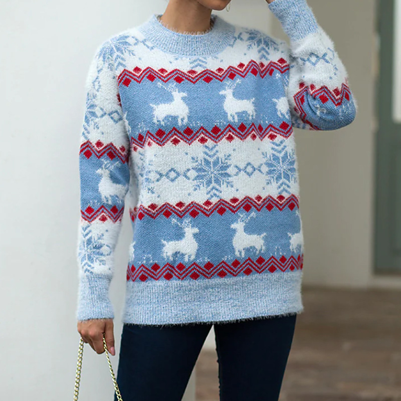 Pull de Noël douillet en maille jacquard à motif cerf, coupe ample, col rond, style décontracté, en fil doux._voghion.com