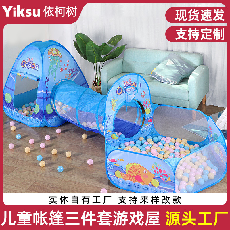 Bolalar chodir 3-in-1 o'yin uyi qat'ilash tunnel uy 3-in-1 cho'liq basket ballo havzi