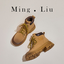 大黄靴鞋子女鞋厚底马丁靴情侣款真皮英伦风短靴女秋冬季新款