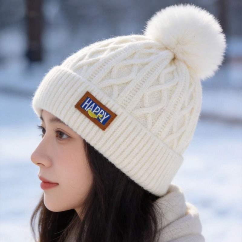 New Winter Style Fleece-Lined Thick Warm Knitted Hat for Women, Suitable for Large Head Circumference, with Ear Protection and Pom-Pom, for Northeast Winters