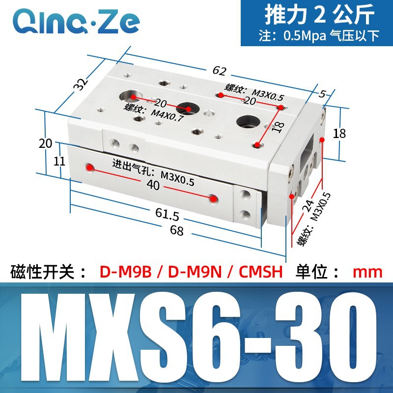 Cilindro neumático MXS HLS con riel 6 8 12 16 20 10 20 30 40 50 A AS B