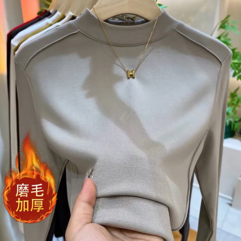 Sanding semi-high collar bottoming shirt women's 2024 new autumn and winter design fishbone line with long sleeve T-shirt fleece-lined