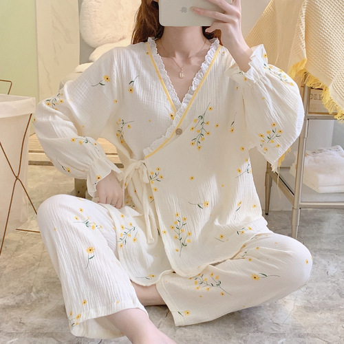 Pure cotton gauze confinement clothes, spring and autumn thin kimono, nursing pajamas, summer pregnant women's postpartum nursing home clothes.
