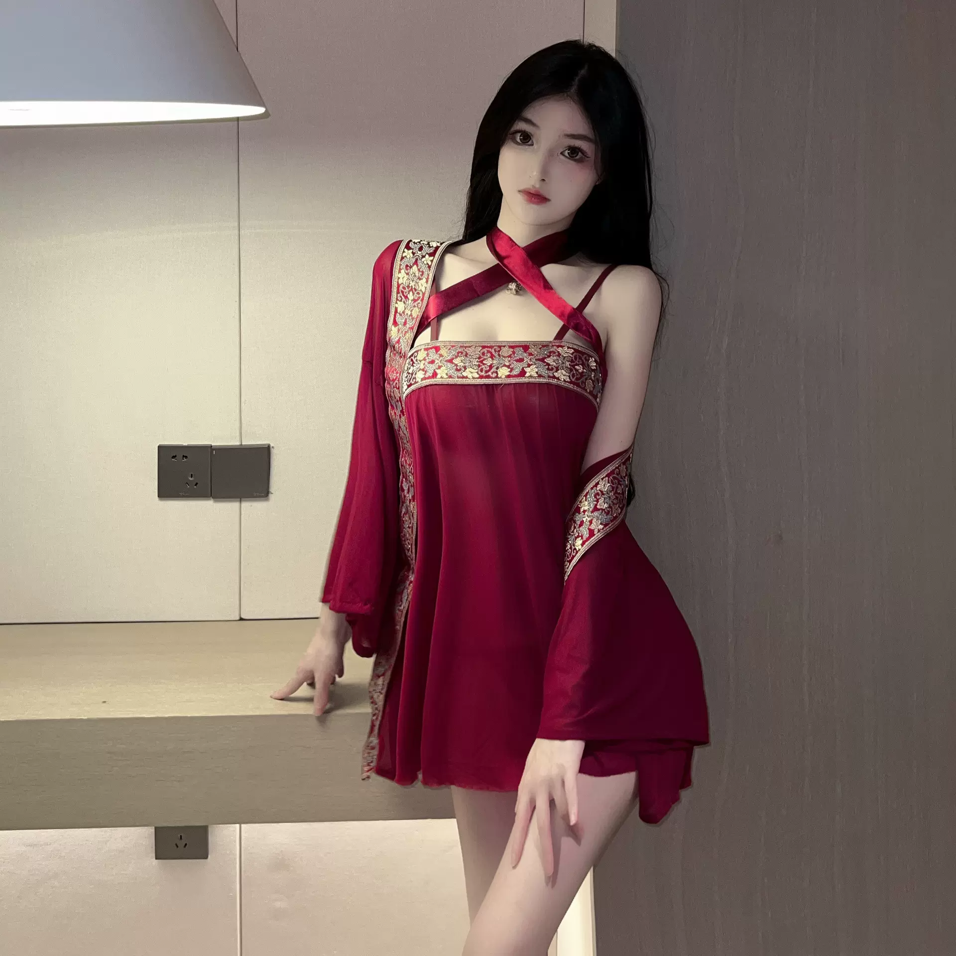 情趣内衣性感古典抹胸绑带汉服透视柔纱古风裙印花系脖诱惑吊带裙
