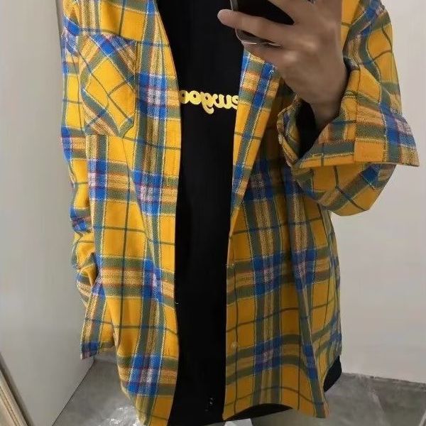 Autumn new contrast color yellow plaid long-sleeved shirt boyfriend style loose couple casual jacket men and women fashion brand Autumn new contrast color yellow plaid long-sleeved shirt boyfriend style loose couple casual jacket men and women fashion brand