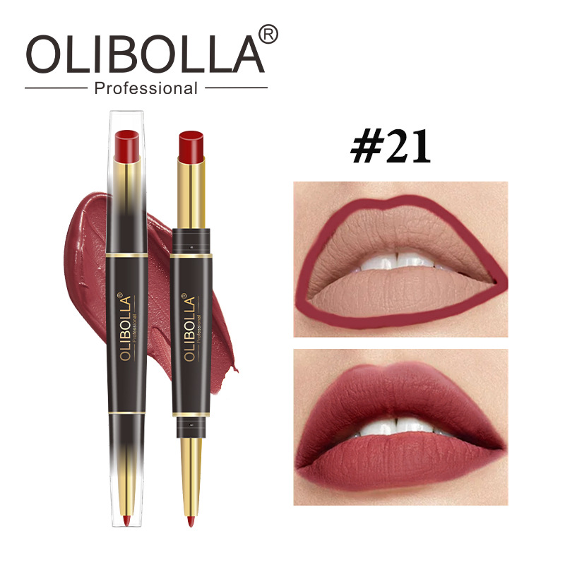 OLIBOLLA lápiz labial de doble cabeza delineador de labios 24 colores perlado color impermeable lápiz labial giratorio exclusivo transfronterizo