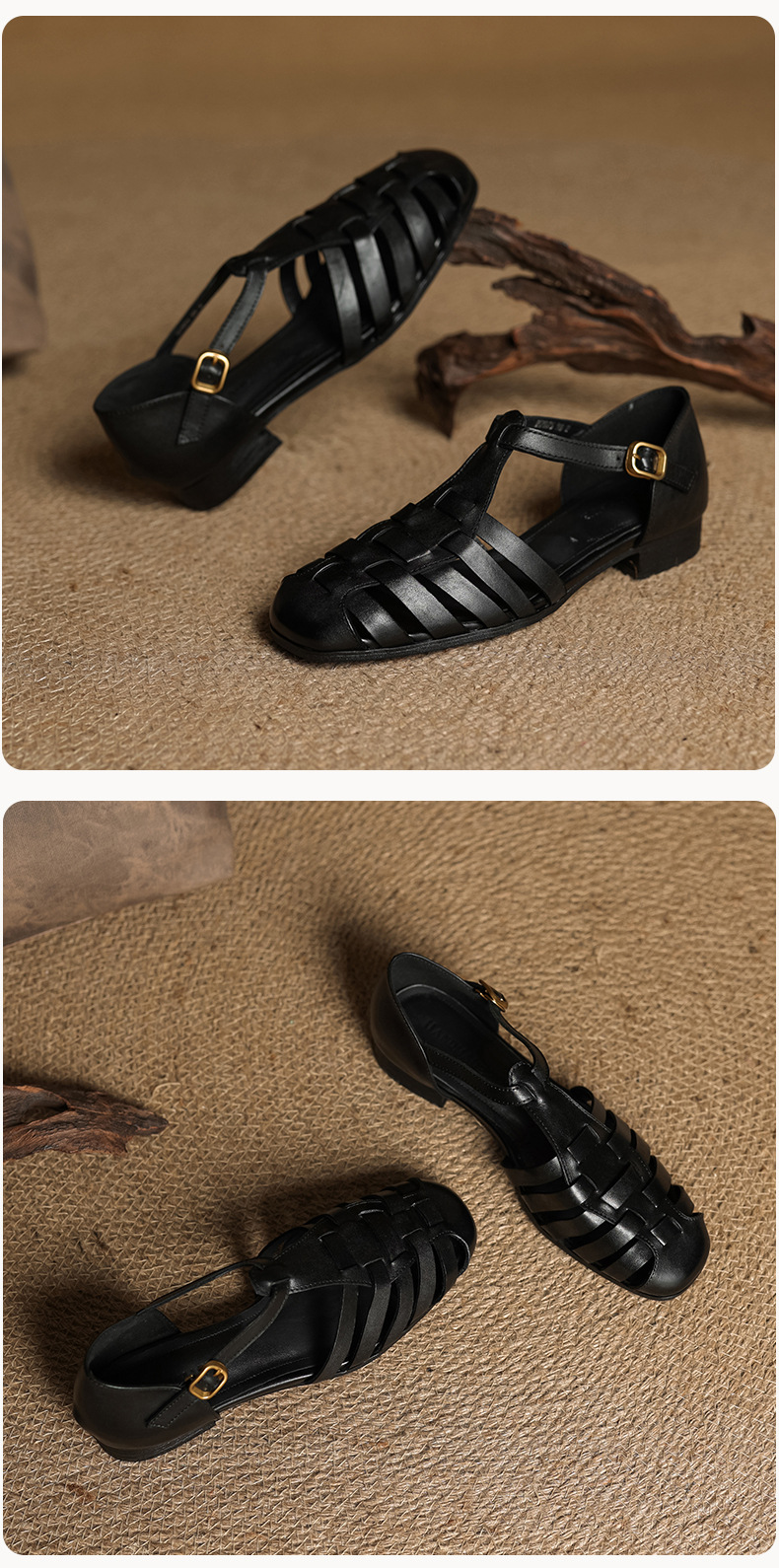 Sandal nữ da bò dệt rỗng quai chữ T phong cách Anh, mũi tròn đế bệt La Mã — màu nâu chi tiết 22