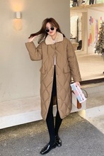 2025冬季新款大码中长款菱形格宽松休闲时尚毛领棉衣外套女