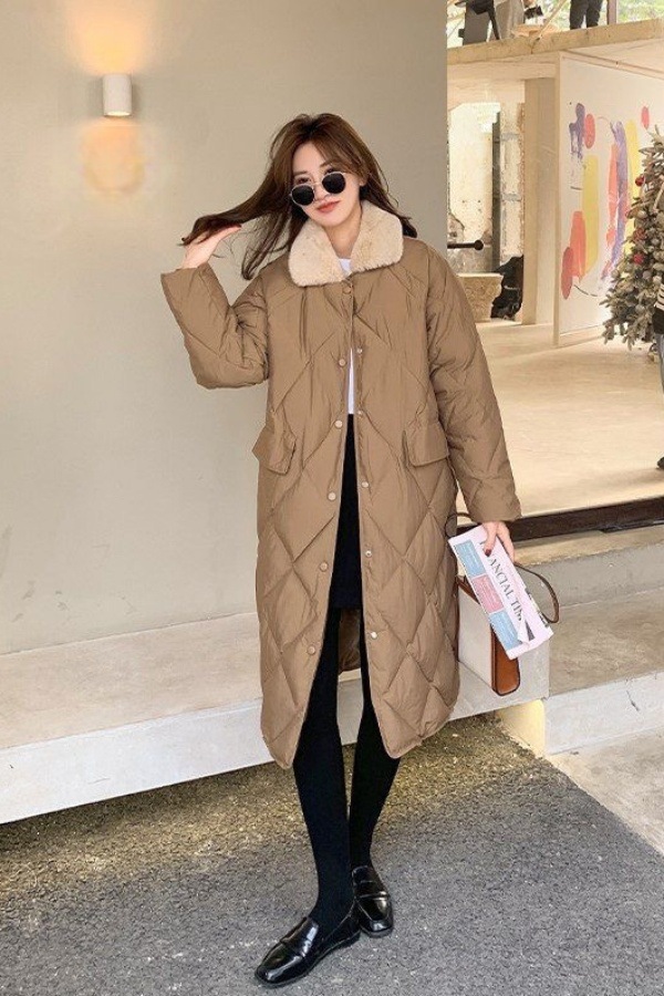 2025冬季新款大码中长款菱形格宽松休闲时尚毛领棉衣外套女