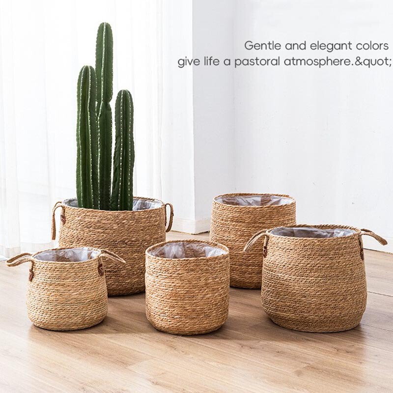 Simple Rattan Flower Pot, Straw Flower Basket, Woven Floor-Standing Ornament, Potted Green Plant Pot Set, Living Room Breathable Flower Basket, Cross-Border
