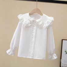 2026春季新款女中大童白色纯棉长袖衬衫儿童百搭花边娃娃领衬衫潮