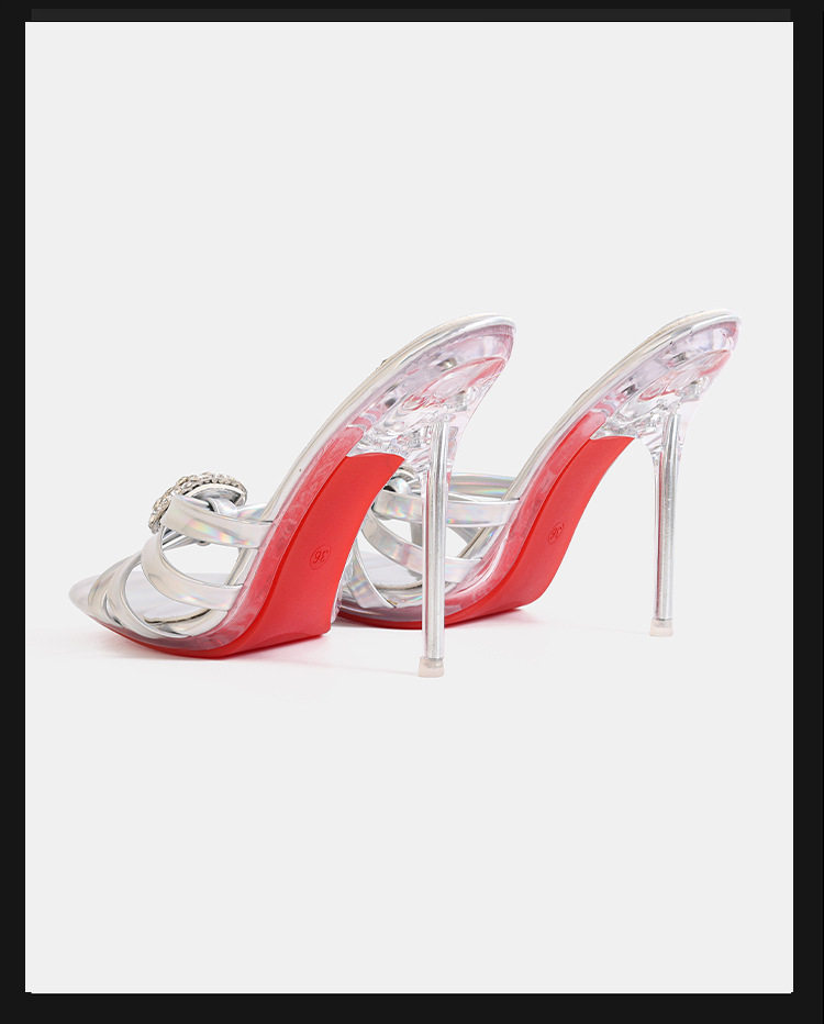 Giày sandal nữ quai mảnh đính đá pha lê trong suốt, gót nhọn siêu cao, phong cách Pháp cổ điển — Màu be, Màu bạc, Màu trắng, Màu tím chi tiết 5